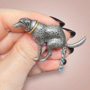 Dog Brooch Rhinestone Novelty Pin with Blue Heart Dangle 2.25"